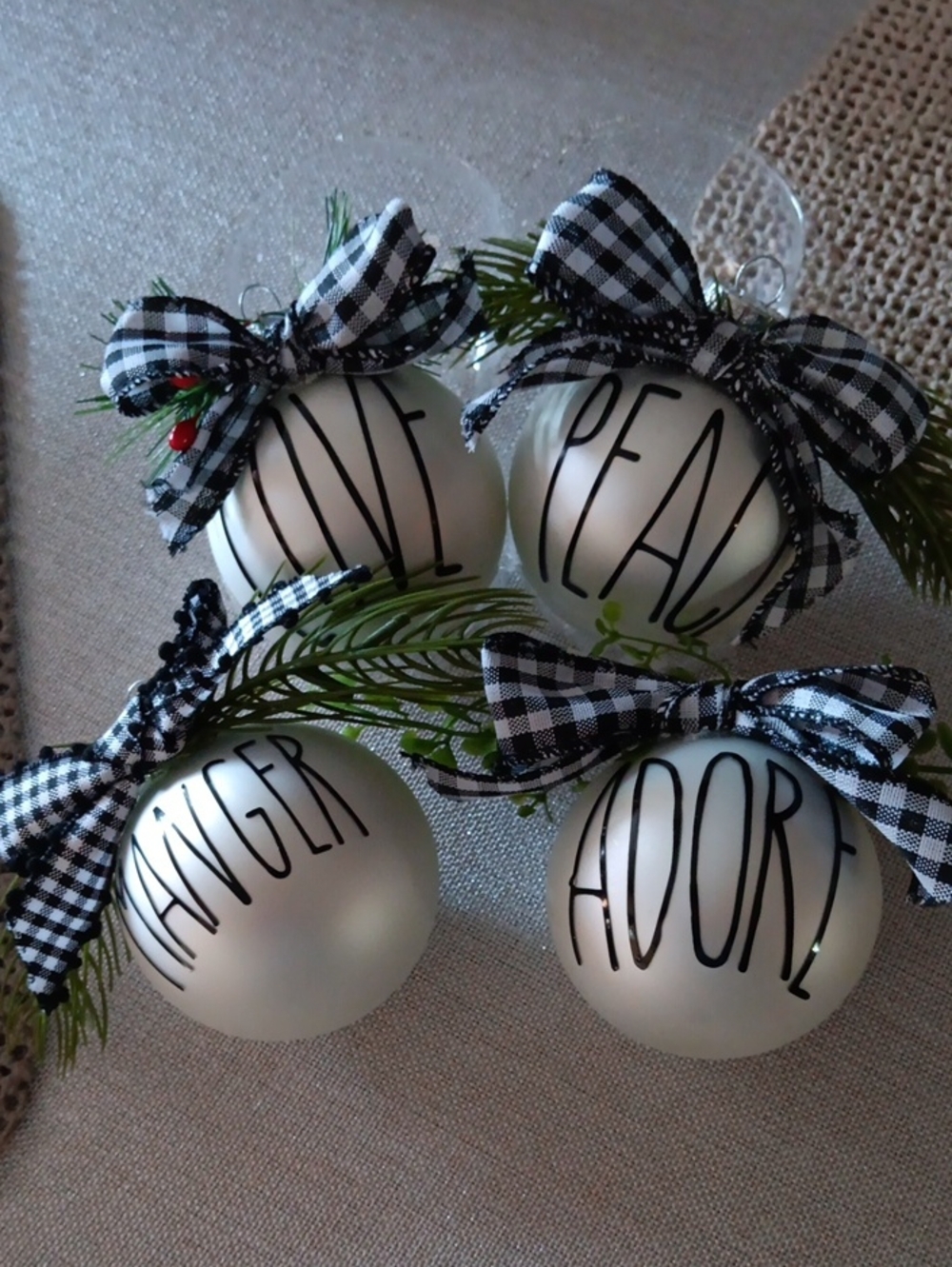Matte White Holiday Ornaments with Black Gingham Bows - Set of 4